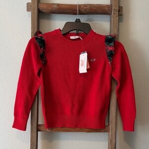 Vineyard Vines Red Knit Sweater w/ Plaid Ruffle Shoulder Detail, kids S (7/8)